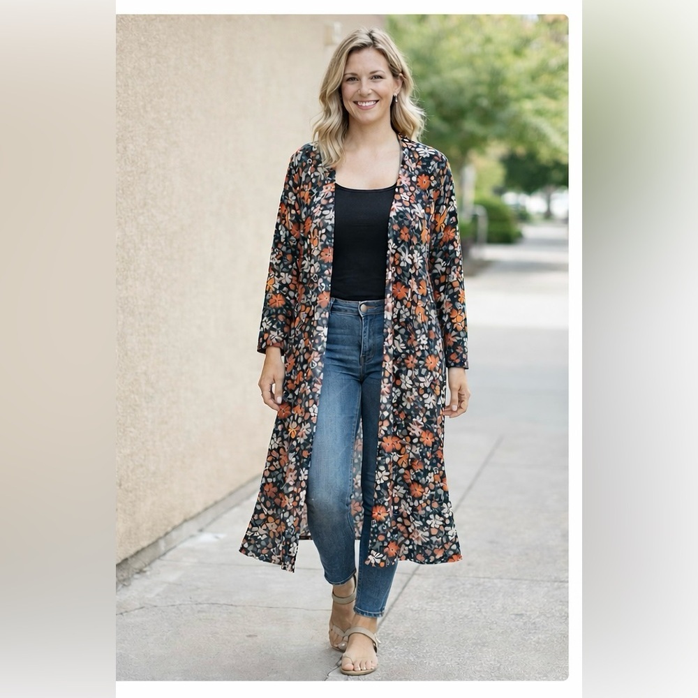 LuLaRoe Floral Duster Cardigan Size L Long Open Front